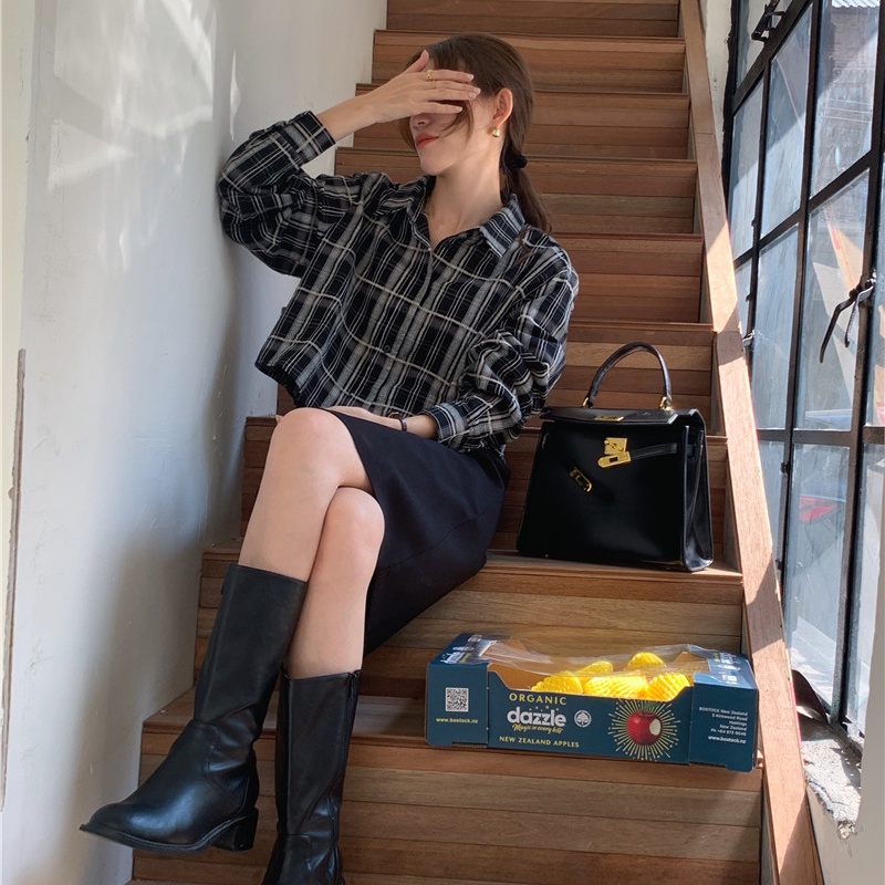 SUXI Áo Sơ Mi Dài Tay Họa Tiết Ca Rô Phong Cách Hàn Quốc Cổ Điển Dành Cho Nữ