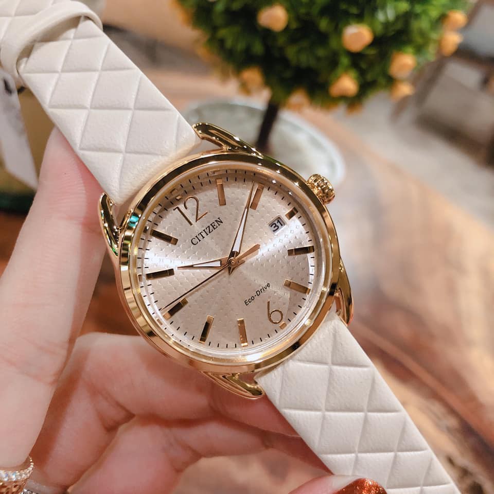 Đồng hồ nữ chính hãng Citizen FE6082-08P - Máy Quartz Pin Eco Drive năng lượng mặt trời - dây da màu trắng kem