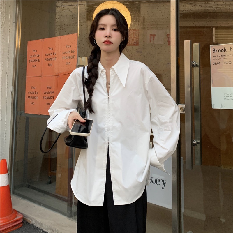 ZHELIHANGFEI Áo sơ mi tay dài dáng rộng phong cách Hàn Quốc thời trang dành cho nữ