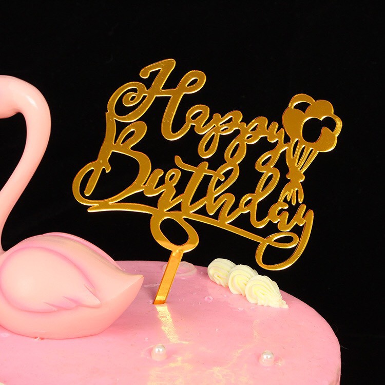 Phụ Kiện Trang Trí Bánh Sinh Nhật Bánh Kem - Combo 10 chiếc mica tráng gương hpbd chùm bóng vàng