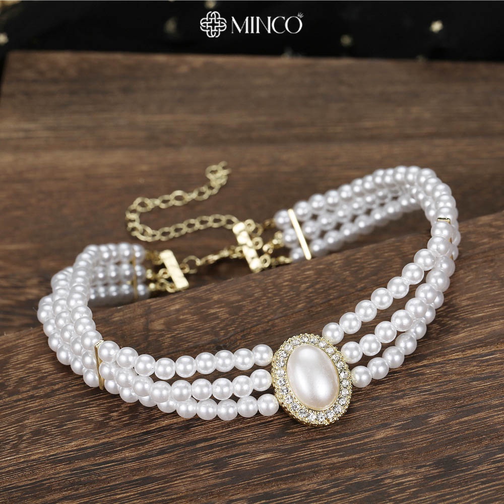Dây chuyền nữ choker đính đá gắn ngọc châu nhân tạo Minco Accessories Vòng cổ Nữ Dự Tiệc Lễ hội sang Trọng Quý phái DT46
