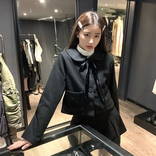 Set áo dạ dáng ngắn cổ thắt nơ và chân váy ulzzang