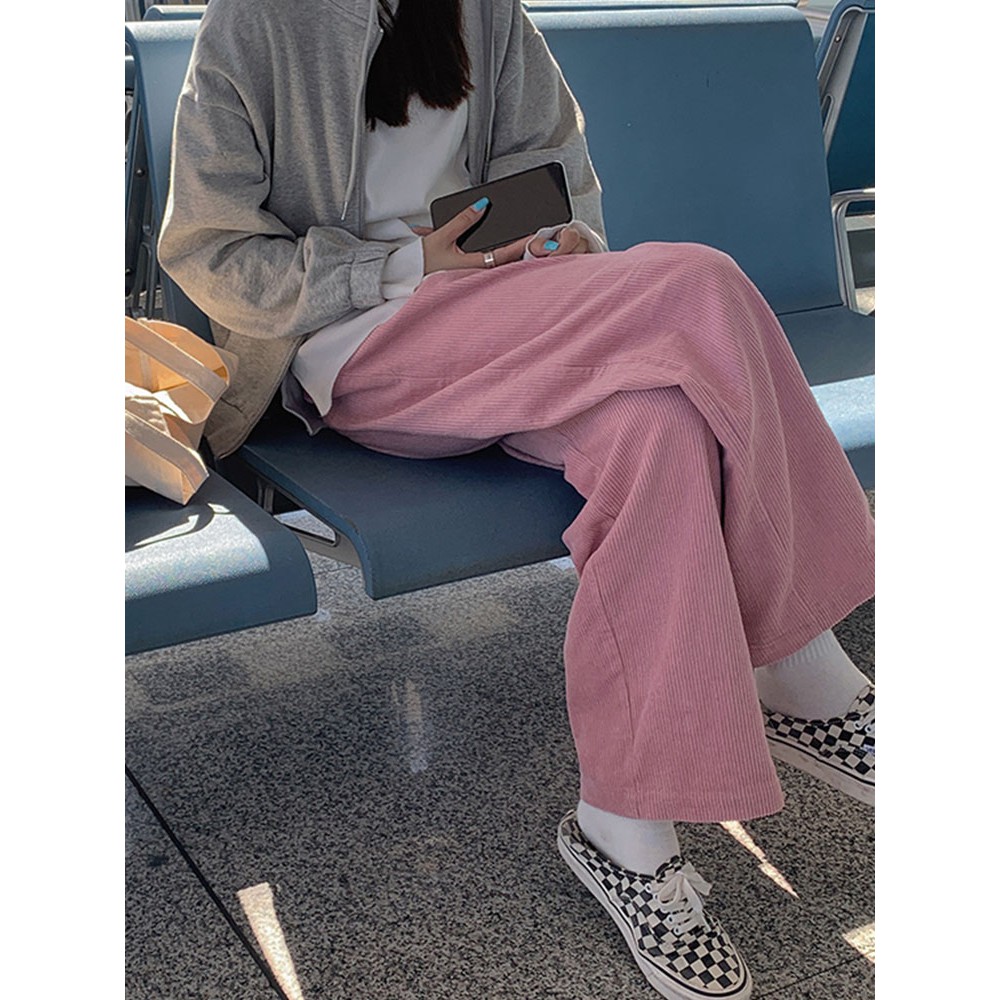 (ORDER) Quần cạp cao ống suông rộng dài vải nhung tăm màu hồng phấn style retro ulzzang Hong Kong