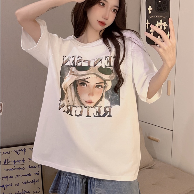 Áo thun SUXI tay ngắn cổ tròn dáng rộng in họa tiết đơn giản thời trang mùa hè cho nữ