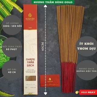 Nhang trầm hương Trầm Tín dòng Gold là nhang sạch, mùi trầm đặc trưng, ít khói, hộp 100g khoảng 100 cây dài 40cm