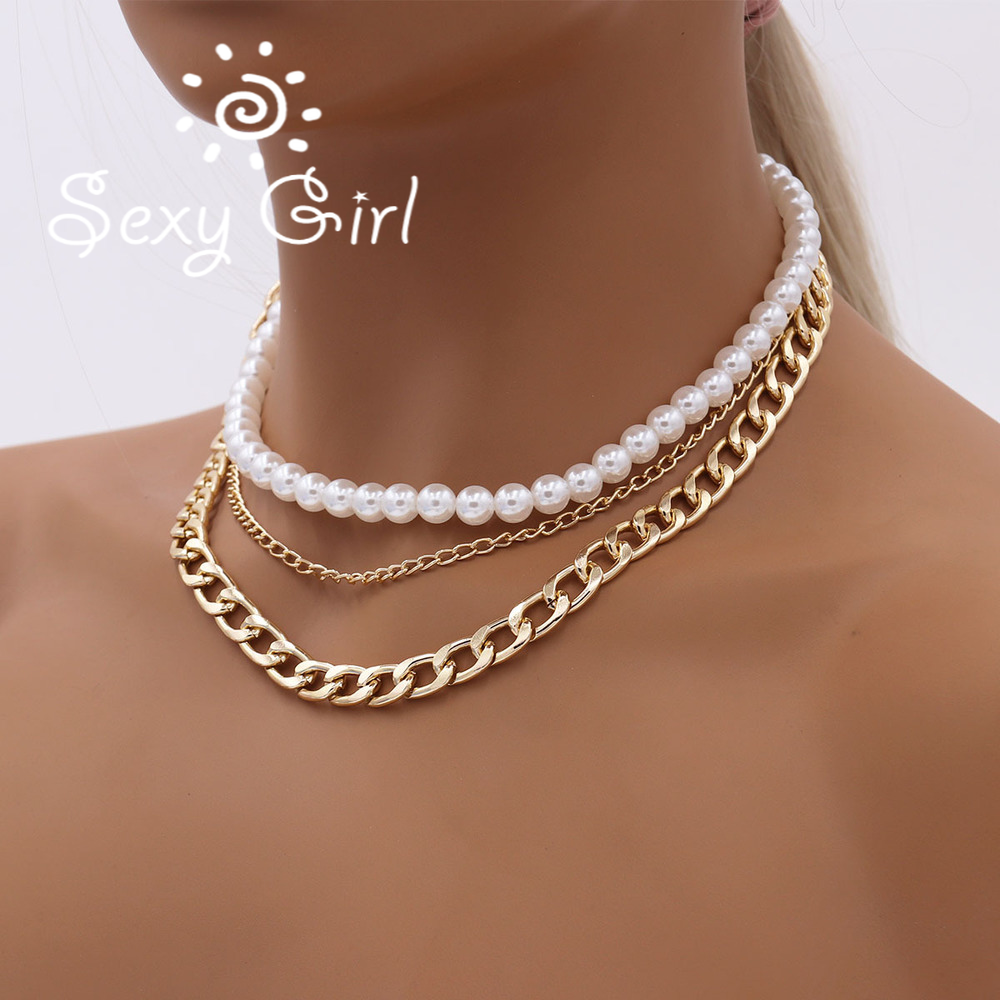 Vòng Cổ Ba Lớp Đính Ngọc Trai Đơn Giản Phong Cách Mới Cho Nữ