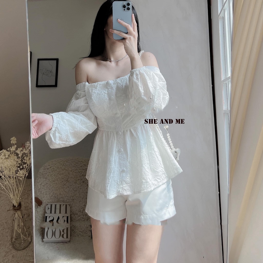 Sét Áo Bẹt Vai Cúc Bọc Tay Bồng Kèm Quần Short Lụa Cạp Chun Hàng Quảng Châu Siêu Đẹp (Ảnh thật tự chụp) | BigBuy360 - bigbuy360.vn