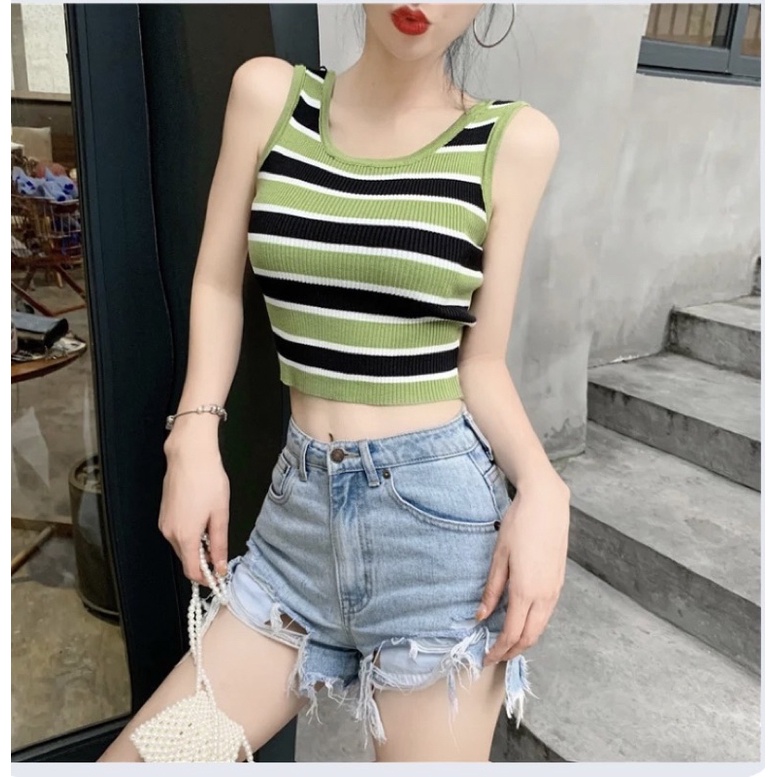 Áo len nữ ba lỗ croptop kẻ ngang 2 màu hàng Quảng Châu