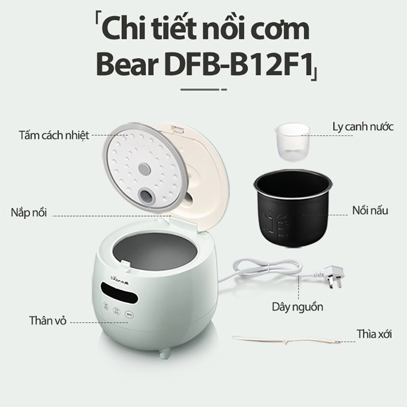 Nồi Cơm Điện Mini Bear Đa Năng 1.2L ( Nấu cơm/cháo/mì/lẩu/canh/tráng miệng ) DFB-B12F1 - Chính Hãng Bảo Hành 18 Tán
