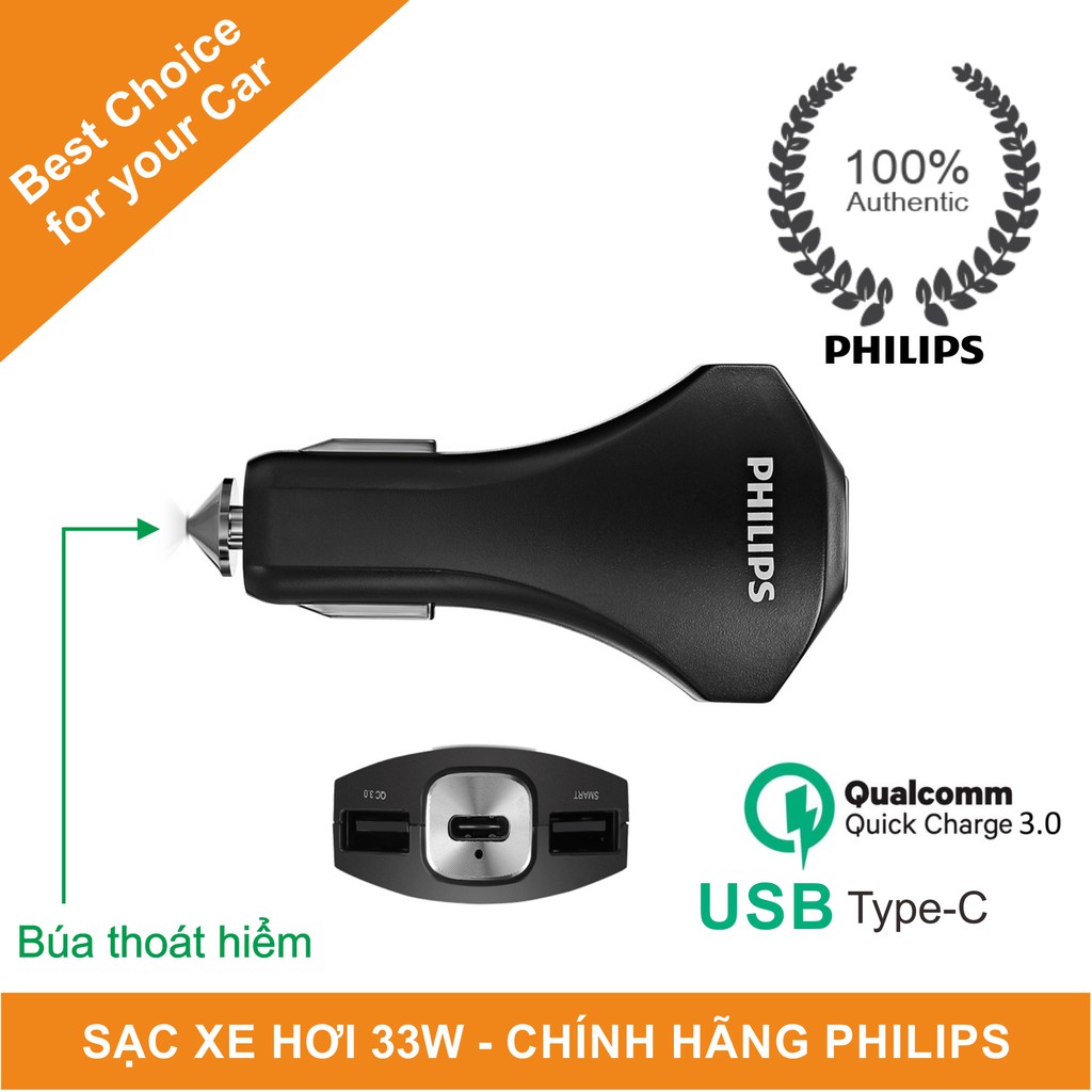 Bộ Sạc Xe Hơi Philips DLP2012 Quick Charge 3.0 cổng USB-C, Tích Hợp Đầu Phá Kính Thoát Hiểm