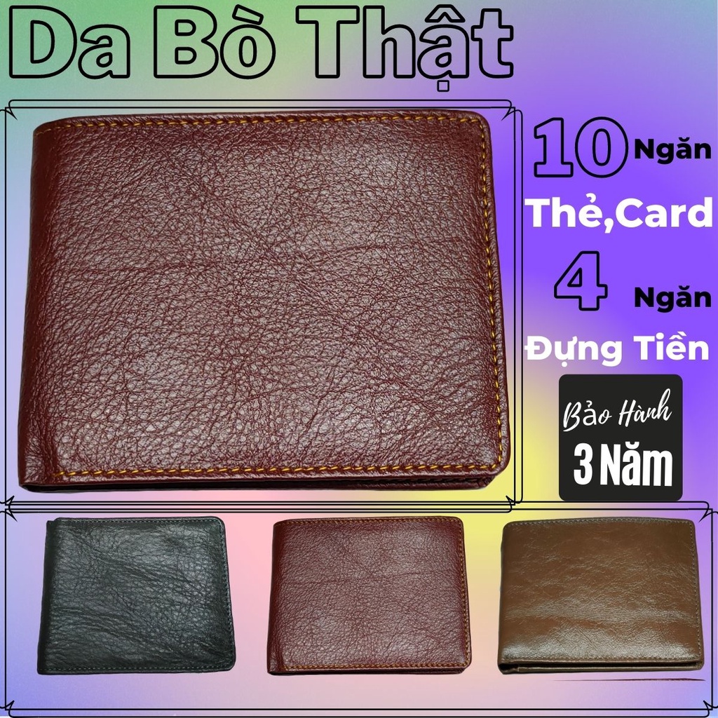 Ví da bò nam cao cấp dáng ngang - Không bong nổ, chất da mềm mại, 10 ngăn để thẻ - card kèm 3 ngăn chính  - B.Hành 3 năm