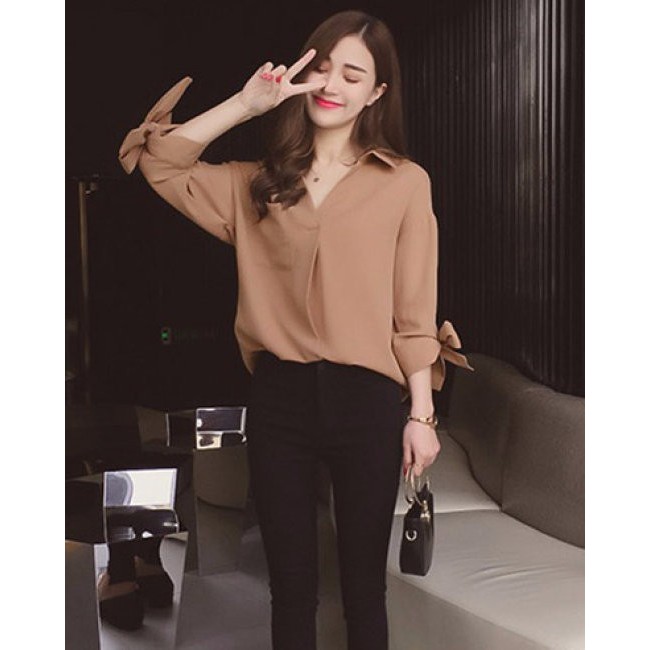 Áo Sơ Mi Nữ Cột Nơ Tay Lỡ
