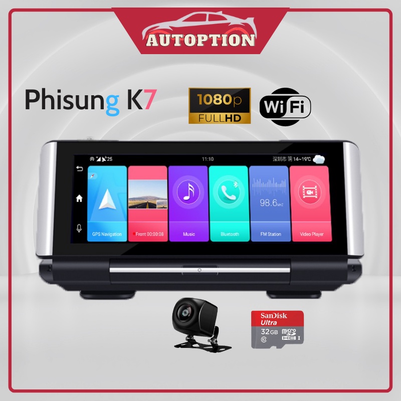 Camera hành trình ô tô Phisung k7 đặt taplo, có wifi kết nối điện thoại hỗ trợ lùi xe màn hình cảm ứng full HD 4G