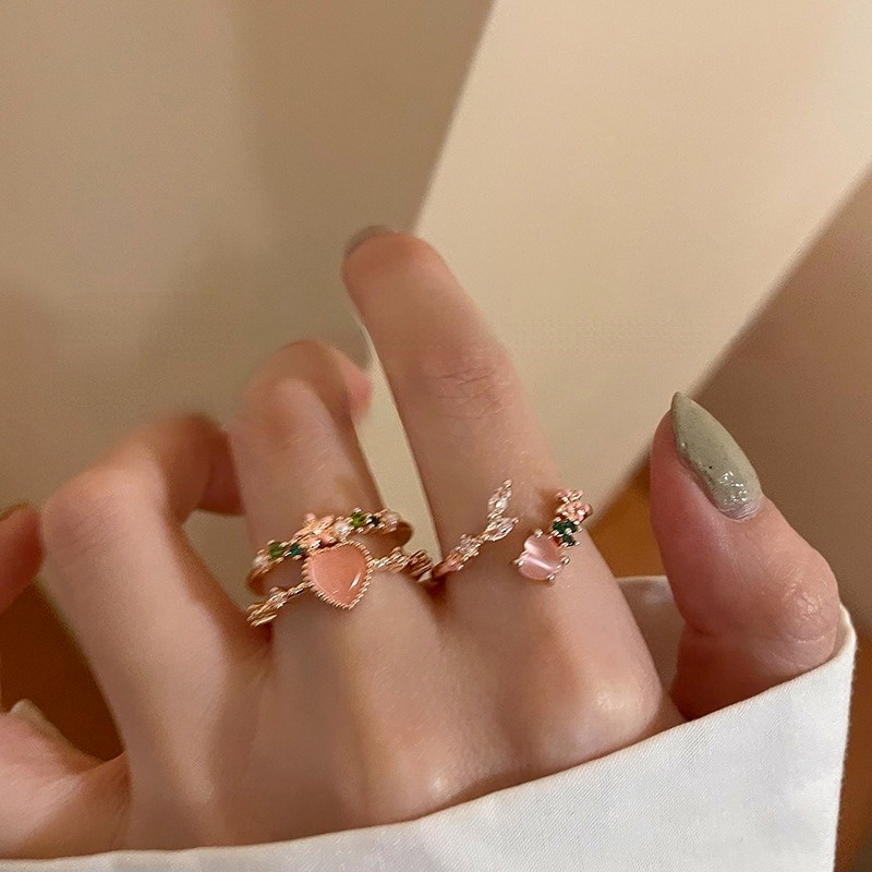 Nhẫn Hở Hai Lớp Đính Đá Zircon Hình Trái Tim Dễ Thương Có Thể Điều Chỉnh