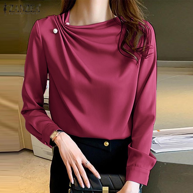 Áo sơ mi ZANZEA tay dài vải satin thời trang thanh lịch tùy chọn màu sắc dành cho nữ