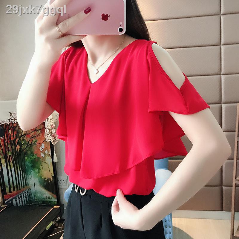 áo trễ vaiÁo voan trễ vai nữ tay ngắn 2021 phiên bản Hàn Quốc mới mùa hè dáng rộng và mỏng V - blouse cổ yếm ki