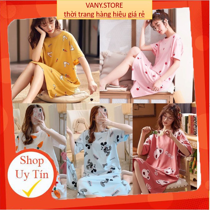 Váy Ngủ Nữ ❤️FREESHIP❤️Váy Ngủ Sexy Dáng Suông Chất Cotton Mềm Mát Họa Tiết Dễ Thương mã VAY06