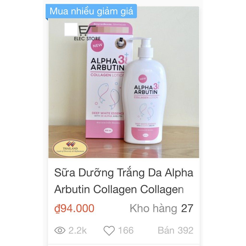 Sữa dưỡng trắng da Alpha Arbutin Collagen Collagen Lotion 3+ Plus 500ml