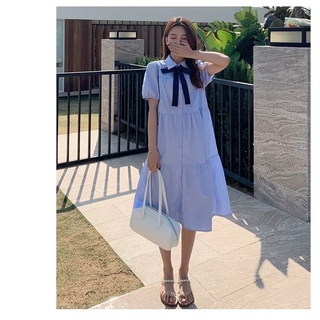 Đầm sơ mi nữ cổ cài nơ dáng dài tay bo 2 màu