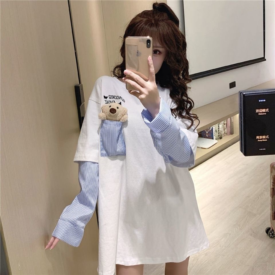 Áo Thun Tay Dài Giả Hai Lớp In Hình Gấu Thời Trang Mùa Xuân 2022 Plus Size Cho Nữ