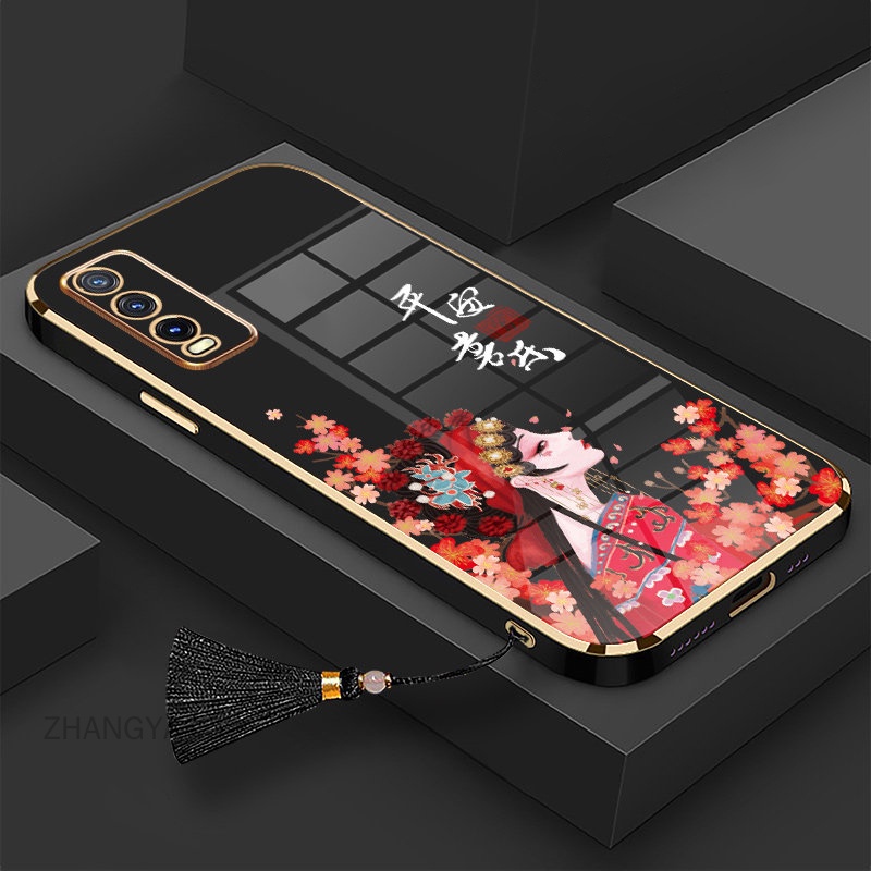 ốp lưng vivo y20i y12s y20s y12a y20 Mạ điện TPU Vỏ mềm silicone Guofeng Character Case điện thoại với dây buộc tua