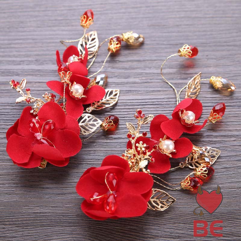 YADORNOS Kẹp tóc hình hoa đính pha lê màu đỏ trang trí tóc cô dâu