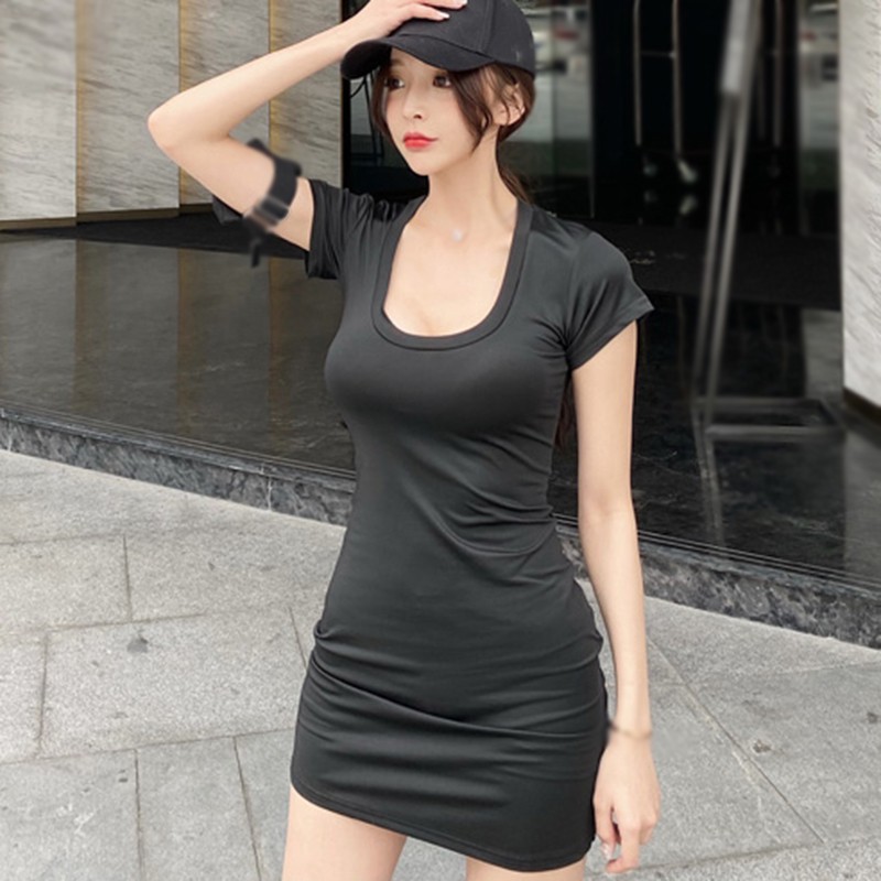 Đầm Thun Tay Ngắn Cổ Chữ U Màu Trơn Thiết Kế Ôm Sát Tôn Dáng