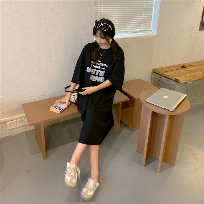 Đầm Thun Ngắn Tay Dáng Rộng In Chữ Đơn Giản Thời Trang Mùa Hè Cho Nữ