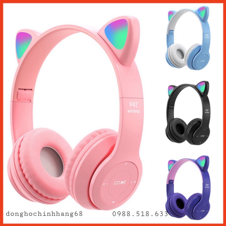 Tai Nghe Mèo Bluetooth P47M, Tai Mèo Dễ Thương Có Mic, Âm Bass Mạnh Mẽ Nghe Nhạc Cực Hay Bảo Hành 1 Năm