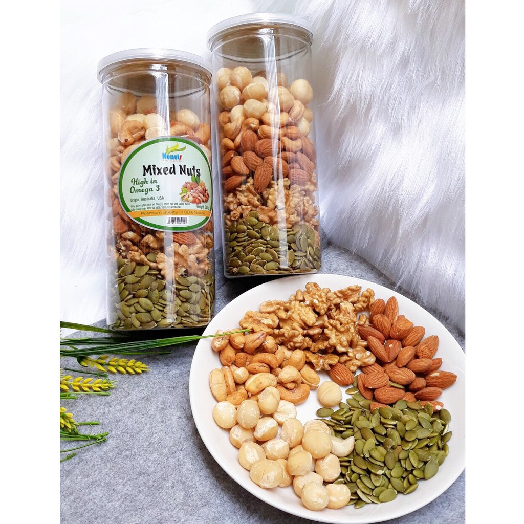 MIX 5 NHÂN HẠT ĐÃ TÁCH VỎ( Hạnh nhân, óc chó, hạt bí , hạt điều)- HŨ 500G (MIX3)