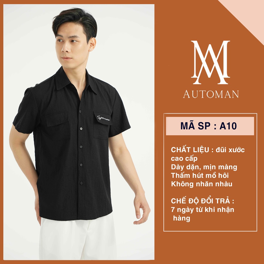 Áo sơ mi nam ngắn tay trơn mát vải đũi cao cấp không nhăn không bai xù AUTOMAN A10