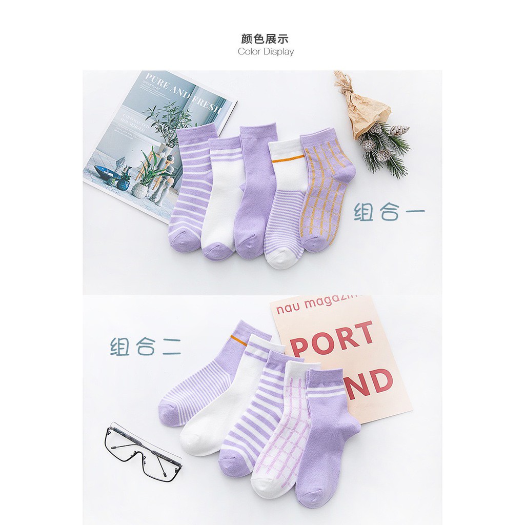 Set 5 đôi tất nữ cổ cao Mivino vớ nữ hàn quốc màu tím vintage nhẹ nhàng TN61