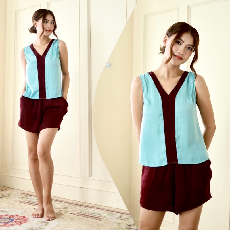 Bộ lụa đùi phối nẹp mặc nhà không tay Infashion