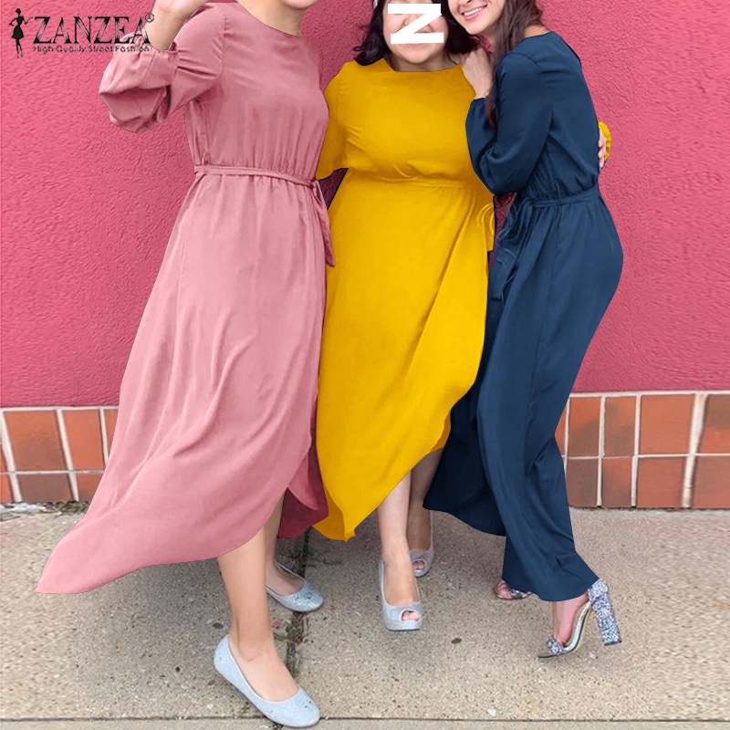 Đầm maxi ZANZEA tay dài cổ tròn thời trang thanh lịch cho nữ
