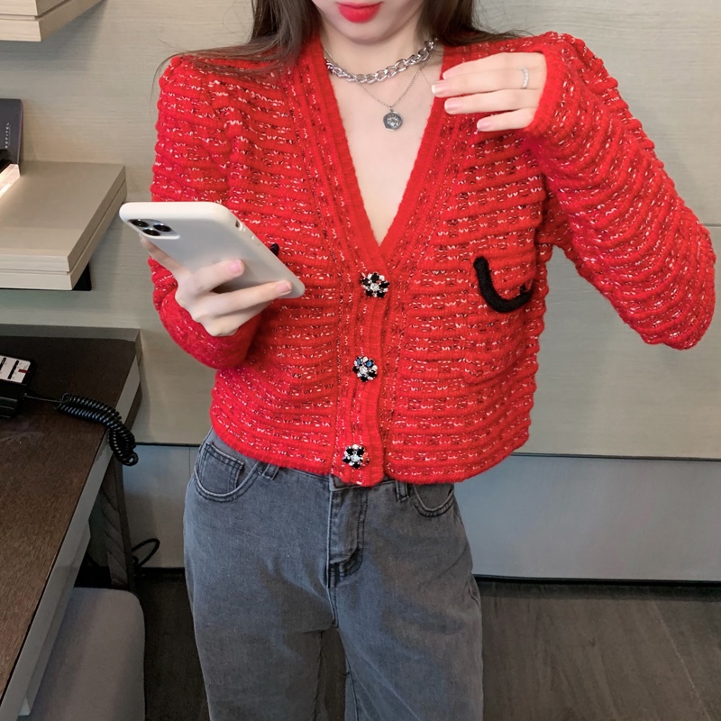 Áo Khoác Cardigan Len Đỏ Túi Hộp LSEOUL K0301 Chất Dày Dặn Cá Tính