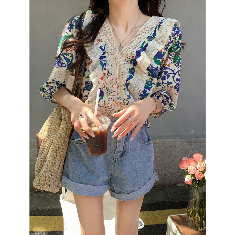 Áo Sơ Mi Tay Lỡ 3 / 4 In Hoa Phong Cách Hàn Quốc Cho Nữ