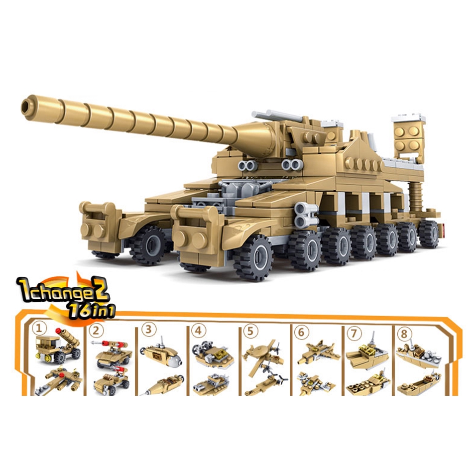 Bộ đồ chơi lắp ráp tương thích với Lego 544 miếng 16 trong 1 mô phỏng xe tăng/máy bay quân sự
