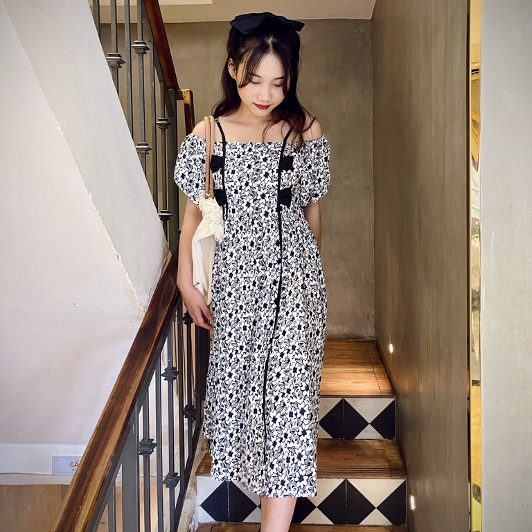 (SALE 40%) Váy 2 dây tay phồng che khuyết điểm - Đầm mặc 2 kiểu cổ vuông  hoặc bẹt vai xinh xắn thanh lịch