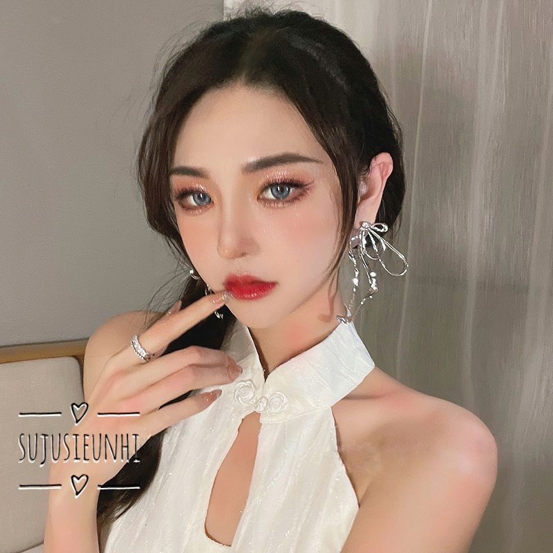 Khuyên tai nơ dày nhiều lớp dạng xoắn thả dài