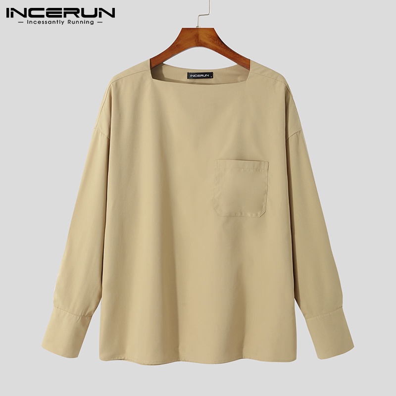 Áo thun INCERUN tay dài cổ rộng màu trơn thời trang Hàn Quốc cho nam