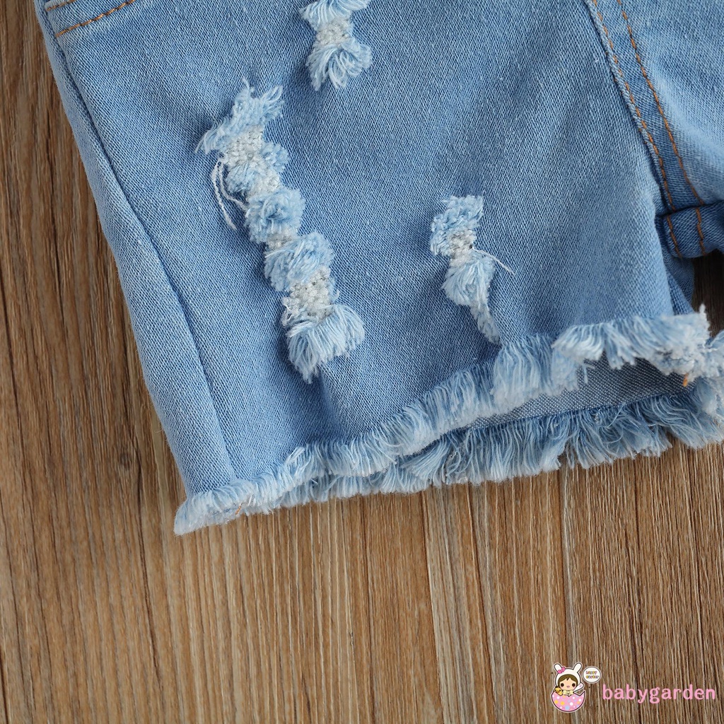 Áo Crop Top Hở Vai Có Túi + Quần Short Denim Cho Bé Gái