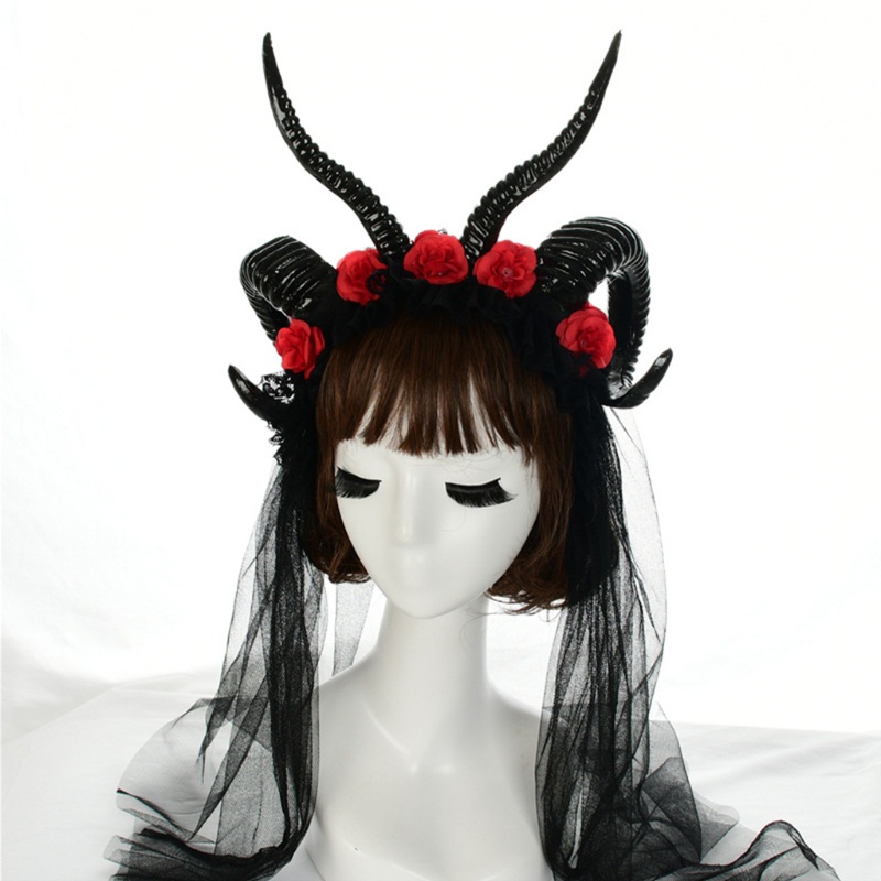 Băng Đô Cài Tóc Hình Sừng Cừu Phối Ren Hoa Giả Hóa Trang Halloween