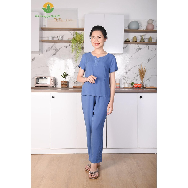 Bộ lanh trung niên việt thắng quần dài áo cộc tay màu trơn cổ thêu