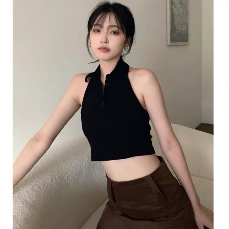 Áo Croptop Cổ Trụ Phối Nút Cá Tính A72