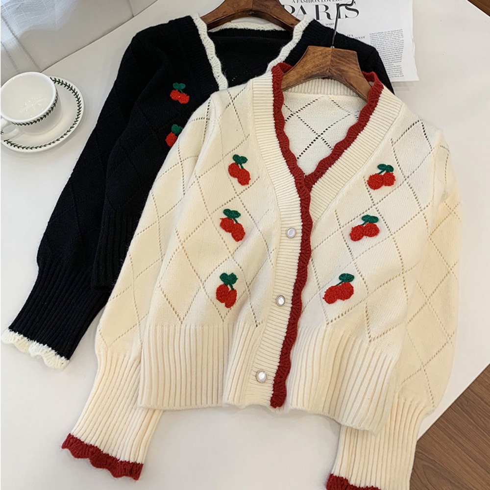 Áo khoác cardigan dệt kim tay dài in họa tiết quả cherry ngọt ngào