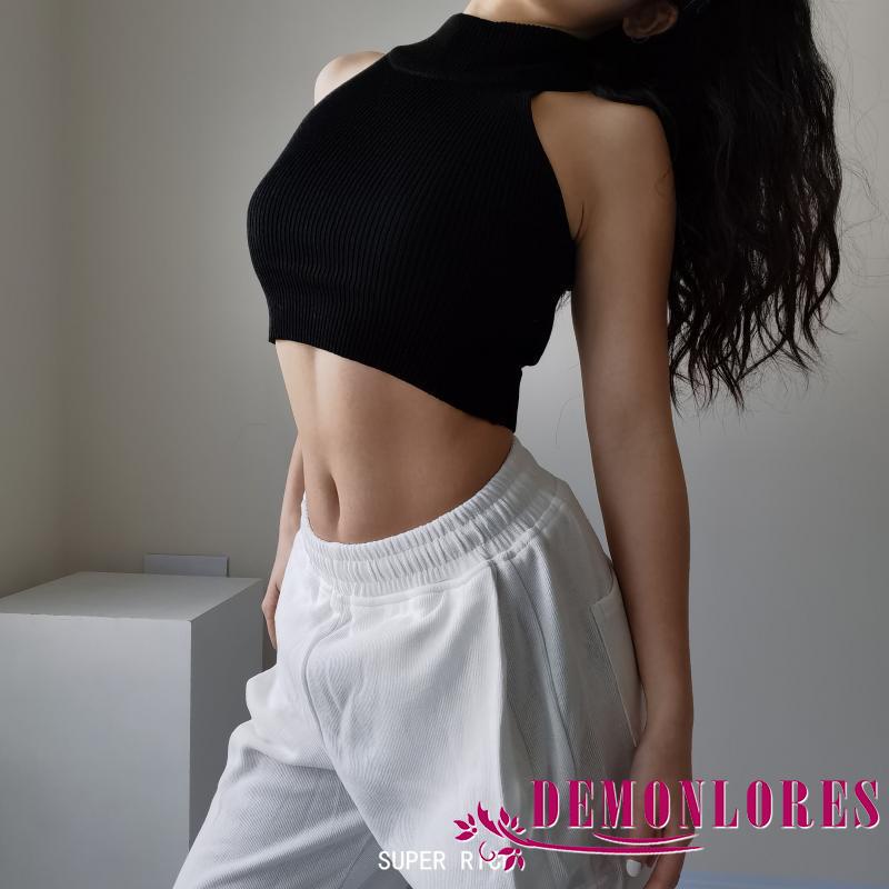 Áo Croptop Cổ Tròn Không Tay Màu Trơn Có Gân Cho Nữ