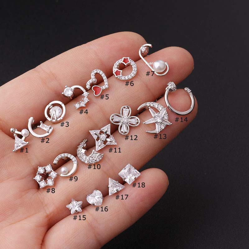 1 Khuyên tai bằng thép không gỉ và đồng đính đá zircon hình tròn / trái tim / bông hoa / trăng / sao 20G