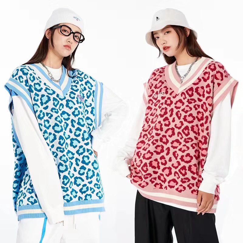 Áo Sweater Dệt Kim Không Tay Cổ Chữ V Thêu Họa Tiết Da Báo Thời Trang Mùa Thu Cho Nam Và Nữ Size M-2XL
