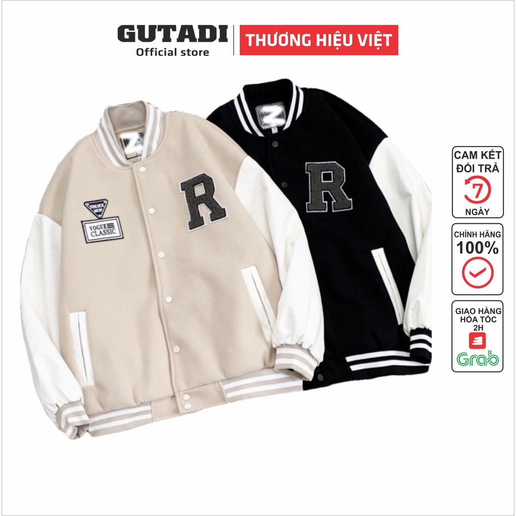Áo Khoác bomber da lộn thêu chữ R áo varsity bóng chày chống nắng Unisex - GUTADI