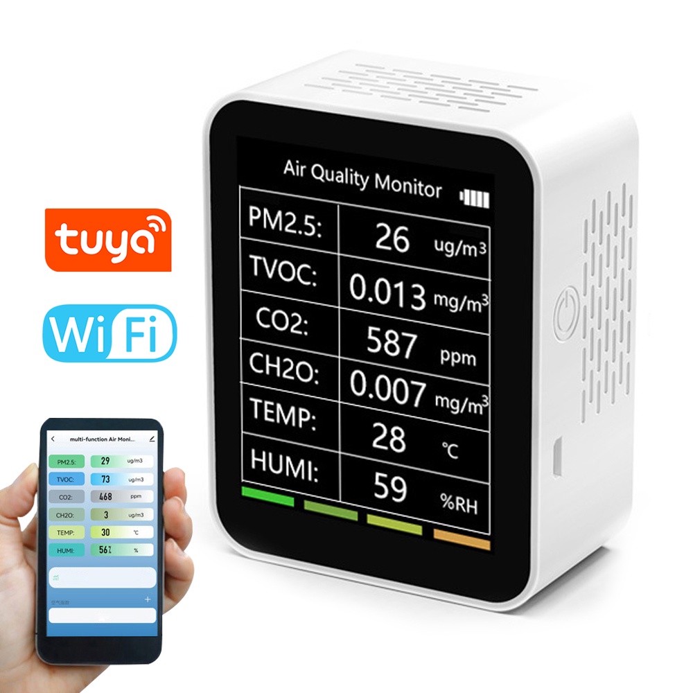 Máy Đo Độ Ẩm Không Khí Để Bàn 6 Trong 1 Đa Năng PM2.5 TVOC CO2 CH2O